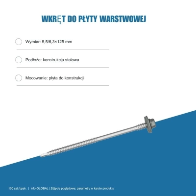 Wkręt do płyty warstwowej Info-GLOBAL AR6 W CSG 5,5/6,3×125 mm, kolory RAL, 100 szt.